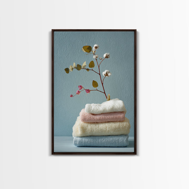 Sunlit White Towels and Eucalyptus Branch Framed Canvas Print, Laundry Room Art, Contemporary Art, Living Room Decor, Clean, LRA-2x3-43