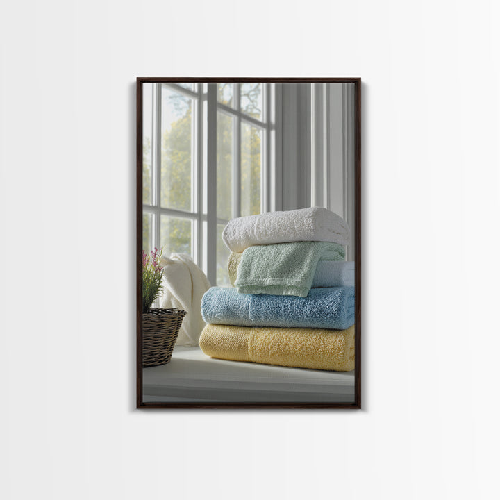 Basket of Folded Towels Framed Canvas Print, Laundry Room Art, Textured Painting, Living Room Decor, Fine Art, Clean, LRA-2x3-46