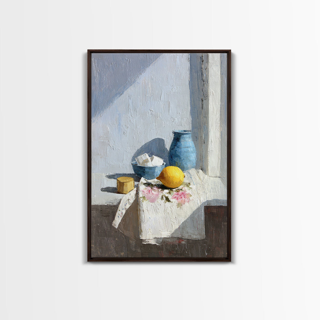 Lemon and Clean Linen Still Life Framed Canvas Print, Laundry Room Art, Digital Art, Living Room Decor, Abstract Art, Clean, LRA-2x3-59