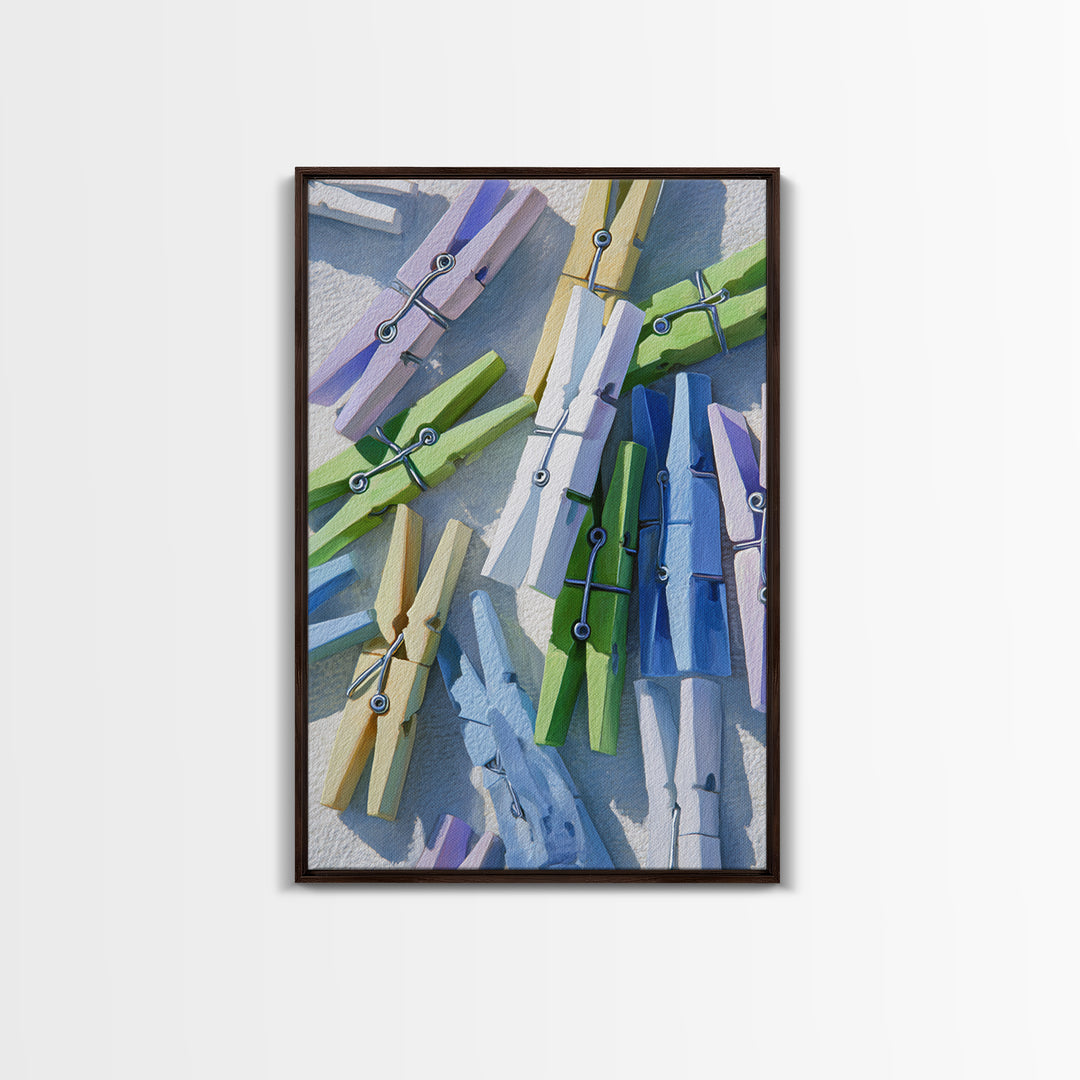 Cheerful Clothespins Arranged as Pattern Framed Canvas Print, Laundry Room Art, Home Decor, Living Room Decor, Fine Art, Clean, LRA-2x3-60