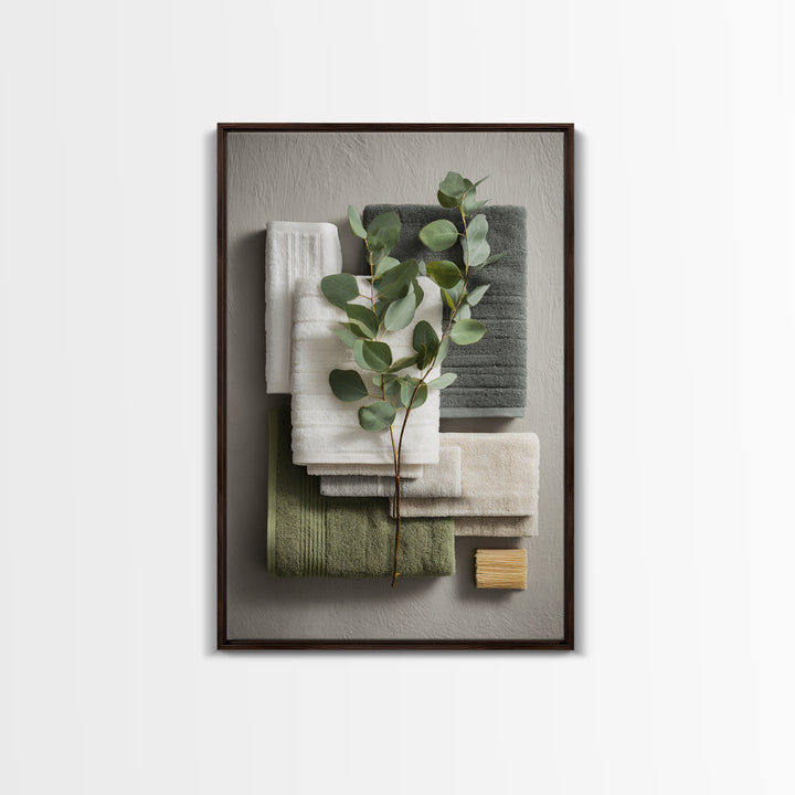 Sunlit White Towels and Eucalyptus Branch Canvas Print, Laundry Room Art, Oil Painting, Living Room Decor, Fine Art, Clean, LRA-2x3-67