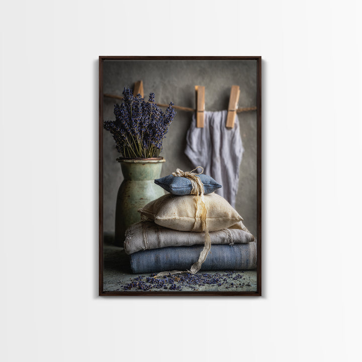 Lavender Sachet and Ribbon Still Life Framed Canvas Print, Laundry Room Art, Farmhouse Decor, Living Room Decor, Clean, LRA-2x3-73