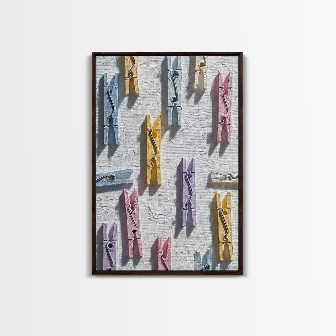 Cheerful Clothespins Arranged as Pattern Framed Canvas Print, Laundry Room Art, Downloadable Art, Living Room Decor, Clean, LRA-2x3-84