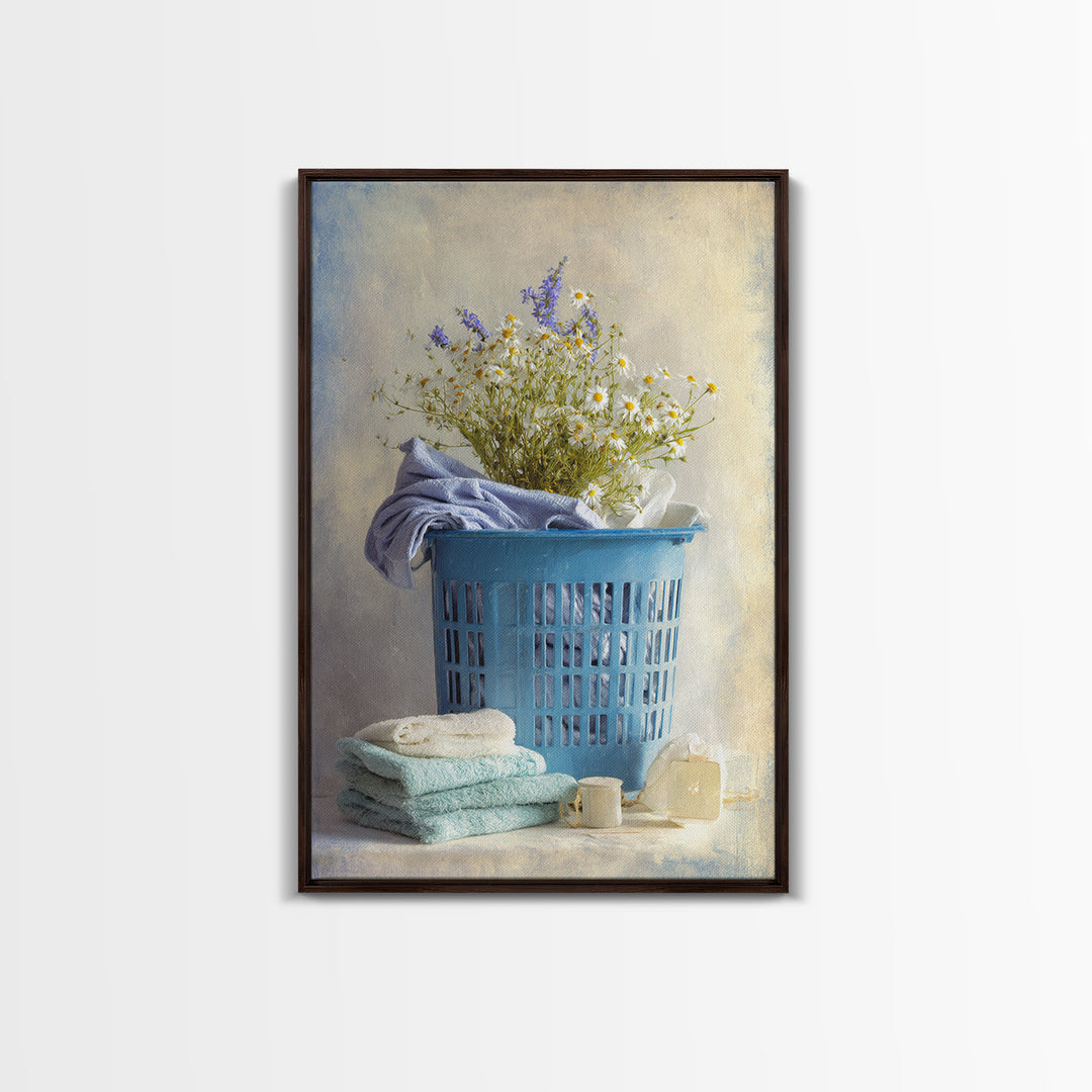 Blue Laundry Basket Framed Canvas Print, Laundry Room Art, Wall Art Print, Living Room Decor, Oil Painting, Clean, LRA-2x3-85