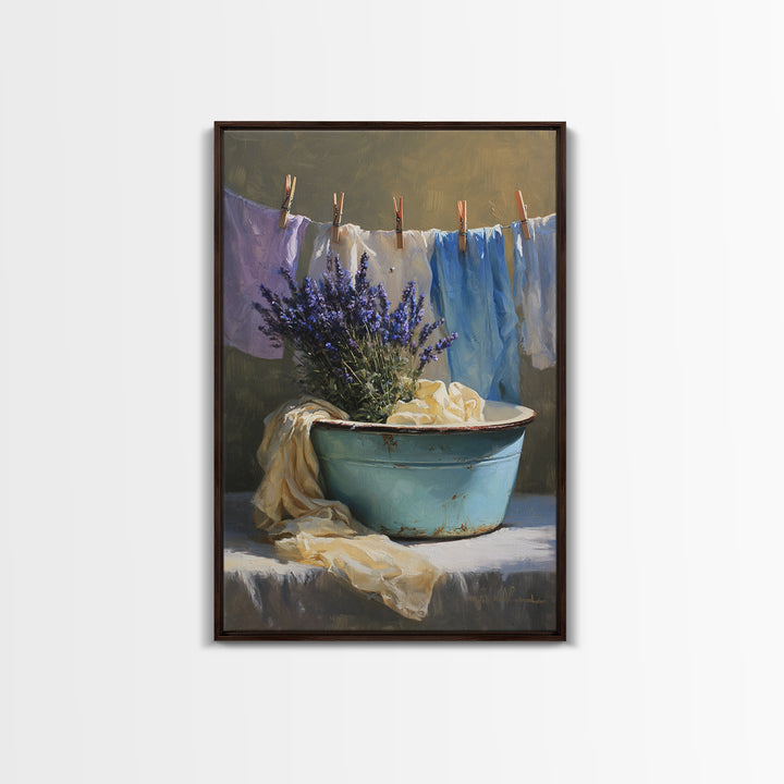 Old Enamel Basin Filled Framed Canvas Print, Laundry Room Art, Artwork, Living Room Decor, Fine Art, Clean, Minimalist Wall Art, LRA-2x3-88