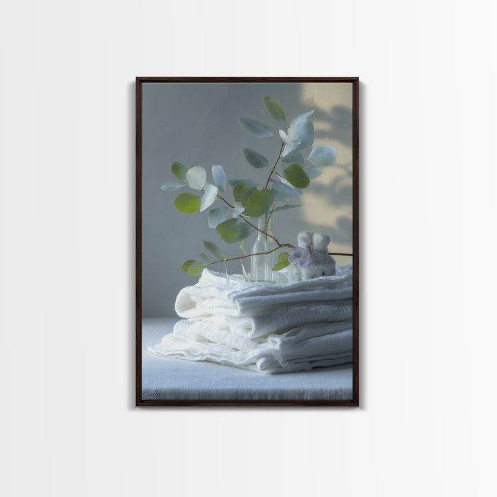 Sunlit White Towels and Eucalyptus Branch Canvas Print, Laundry Room Art, Retro Wall Art, Living Room Decor, Watercolor Art, LRA-2x3-91