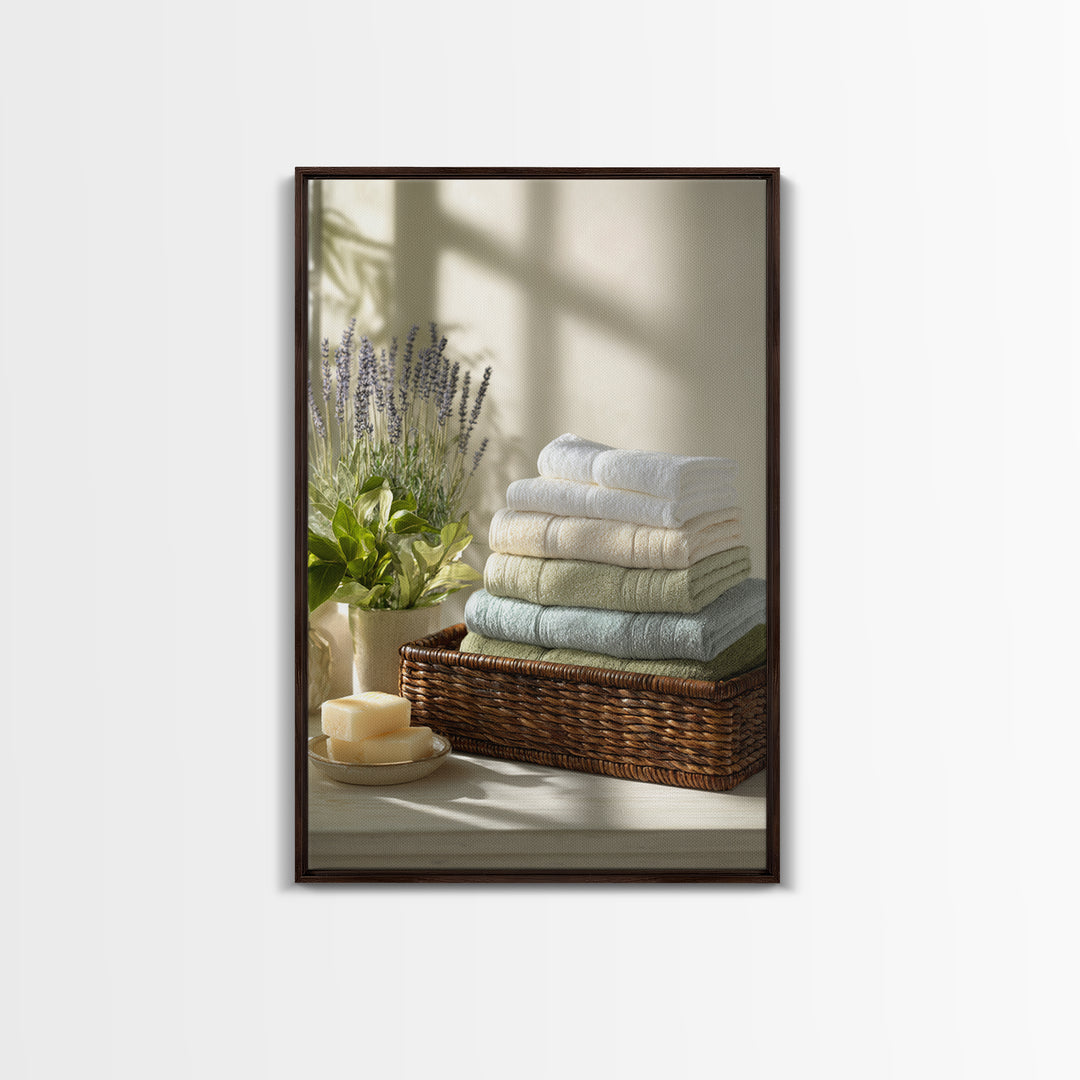 Basket of Folded Towels Framed Canvas Print, Laundry Room Art, Digital Print, Living Room Decor, Clean, Custom Wall Art, LRA-2x3-94
