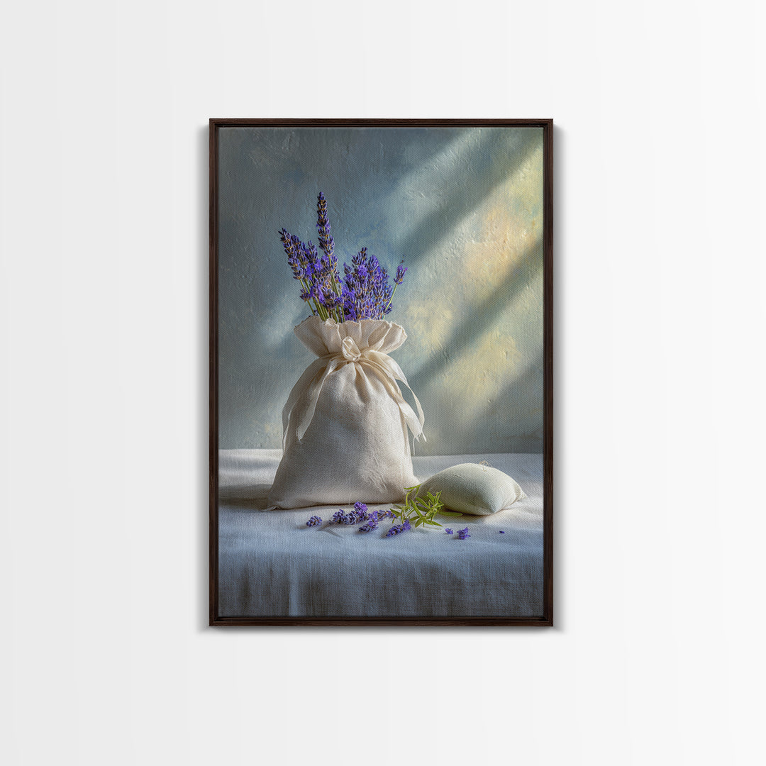 Lavender Sachet and Ribbon Still Life Framed Canvas Print, Laundry Room Art, Farmhouse Decor, Living Room Decor, Clean, LRA-2x3-97