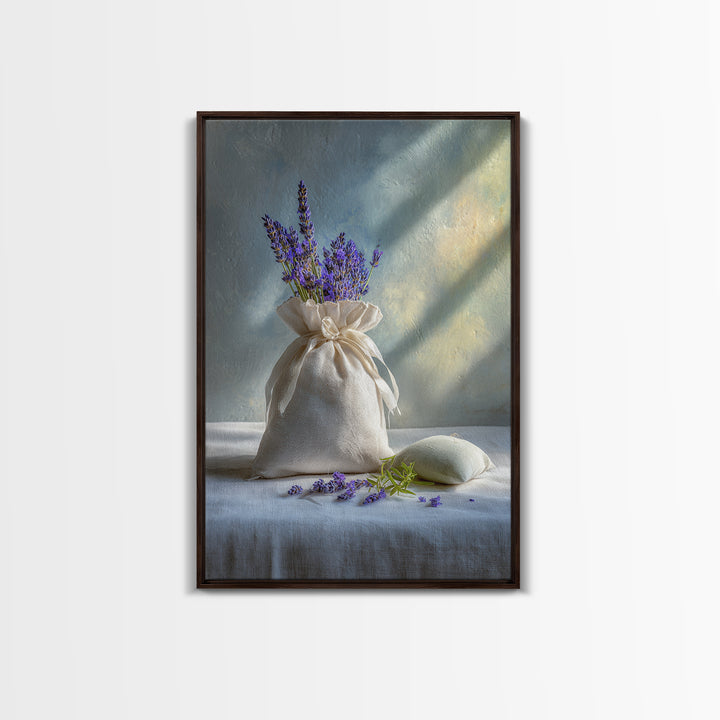 Lavender Sachet and Ribbon Still Life Framed Canvas Print, Laundry Room Art, Farmhouse Decor, Living Room Decor, Clean, LRA-2x3-97