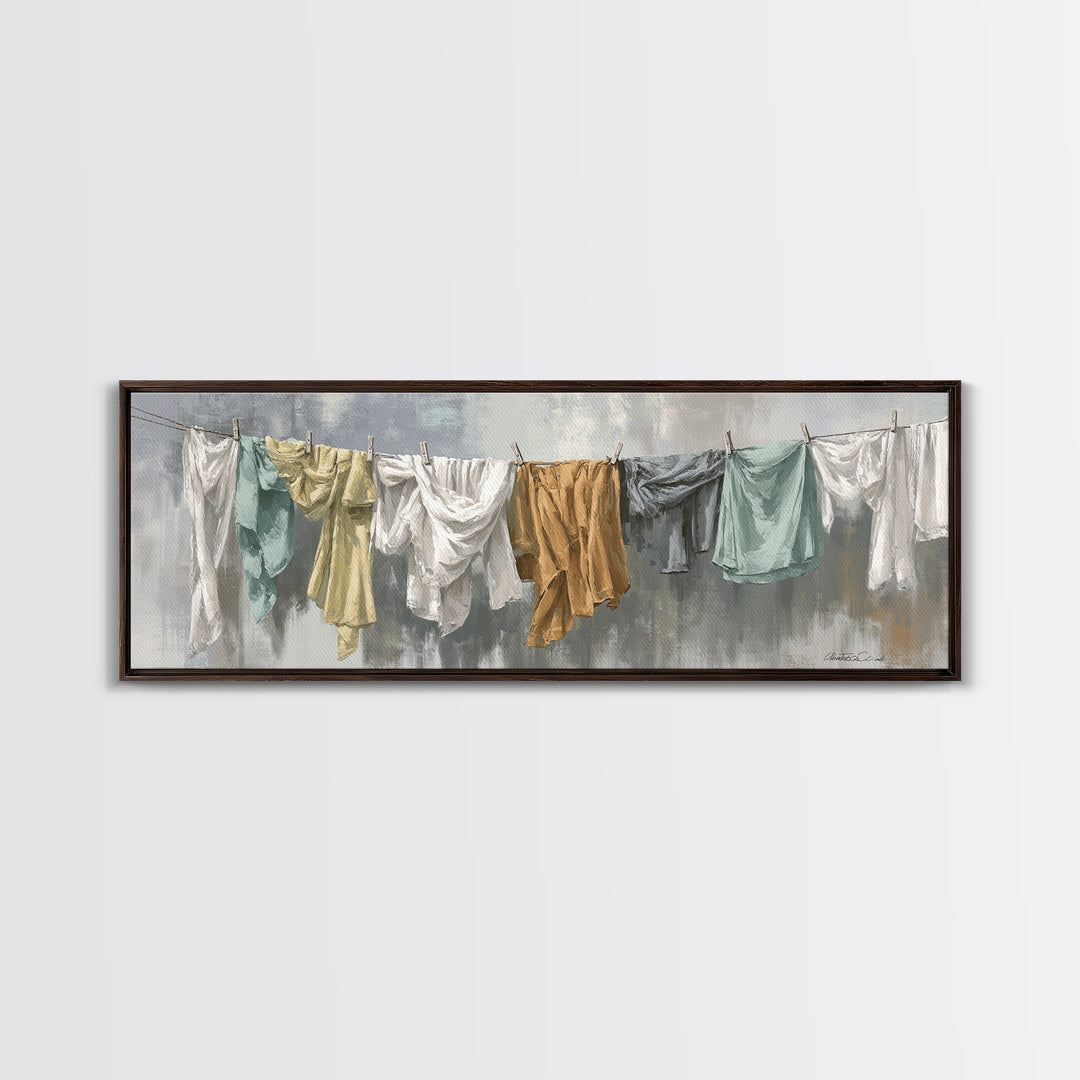 Clothesline with White Linens Blowing in Sunshine Canvas Print, Laundry Room Art, Farmhouse Wall Decor, Living Room Decor, LRA-3x1-17