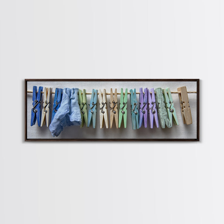 Cheerful Clothespins Arranged as Pattern Framed Canvas Print, Laundry Room Art, Neutral Decor, Living Room Decor, Clean, LRA-3x1-44