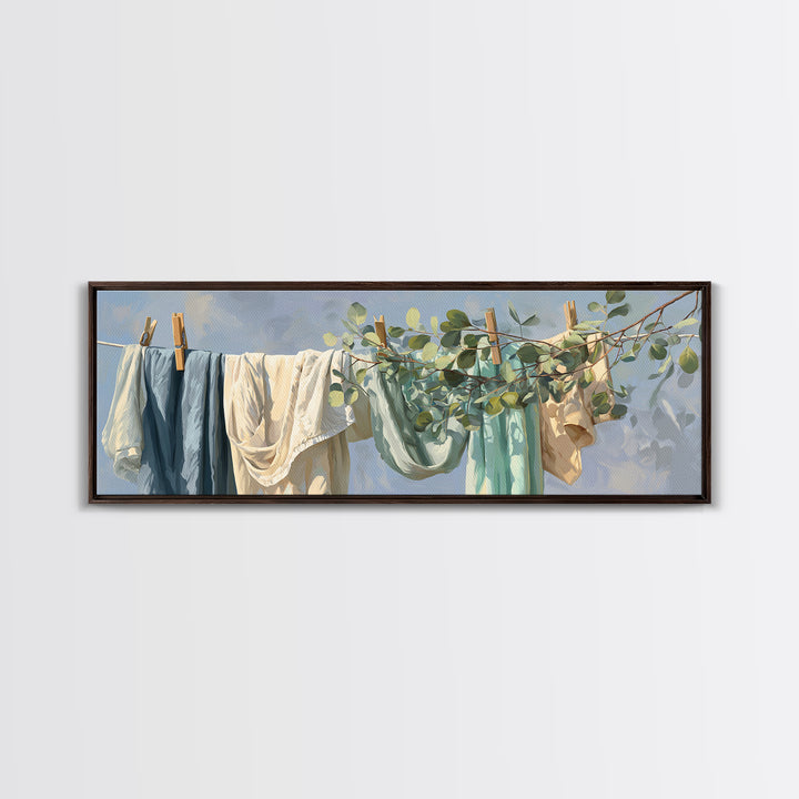 Sunlit White Towels and Eucalyptus Branch Canvas Print, Laundry Room Art, Printable Wall Art, Living Room Decor, Clean, LRA-3x1-51