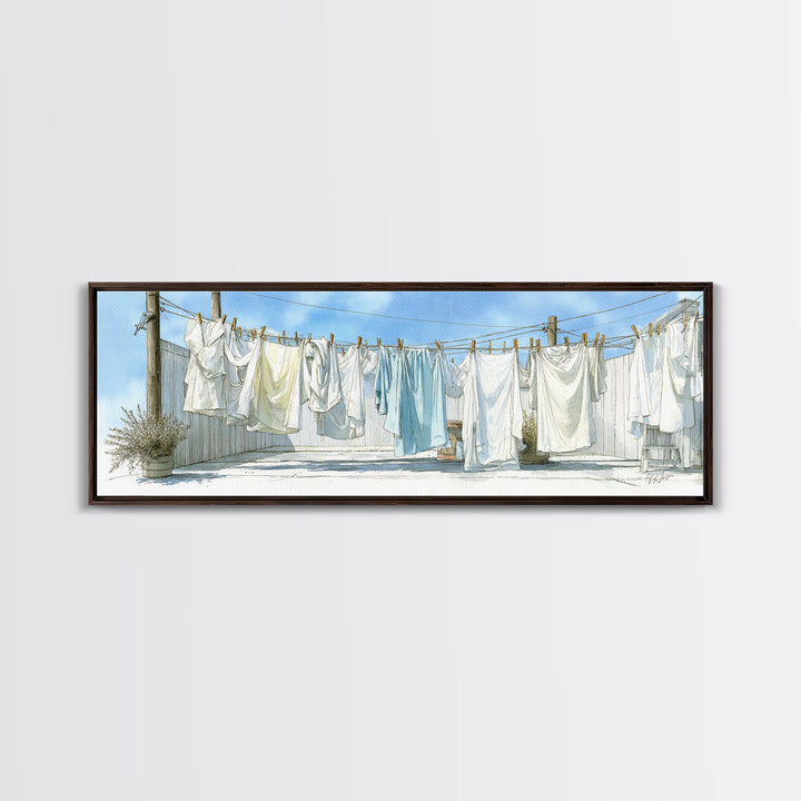 Simple Line Drawing of Hanging Laundry Framed Canvas Print, Laundry Room Art, Textured Painting, Living Room Decor, Clean, LRA-3x1-56