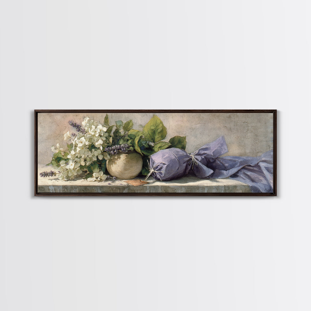 Lavender Sachet and Ribbon Still Life Framed Canvas Print, Laundry Room Art, Farmhouse Wall Art, Living Room Decor, Clean, LRA-3x1-57