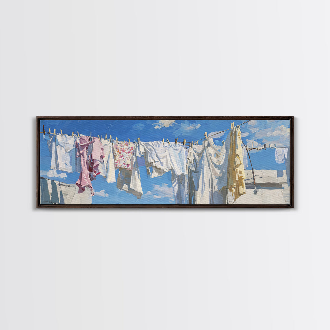 Clothesline with White Linens Blowing in Sunshine Canvas Print, Laundry Room Art, Downloadable Art, Living Room Decor, Clean, LRA-3x1-65