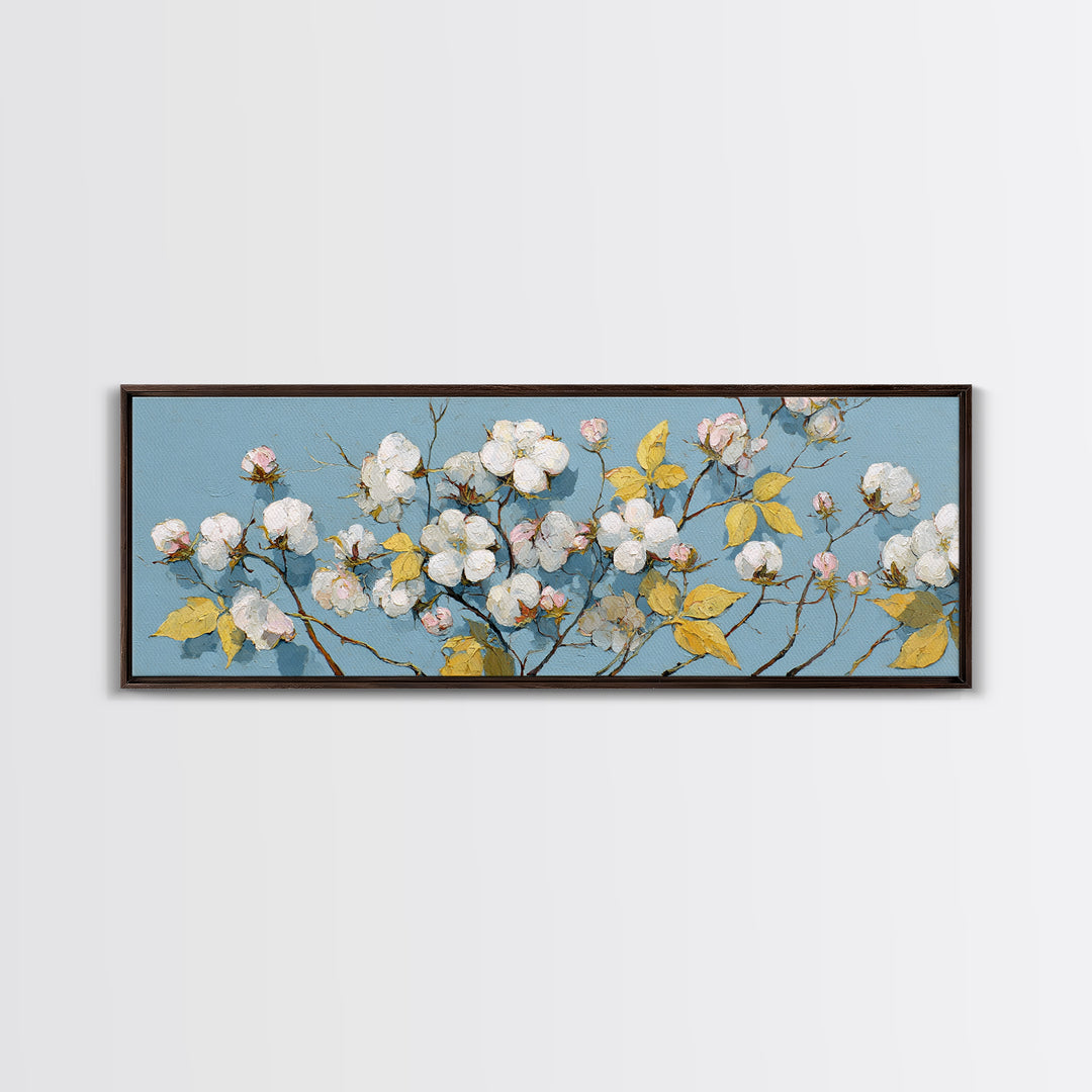 Fresh Cotton Branch Botanical Study Canvas Print, Laundry Room Art, New Home Gift, Living Room Decor, Oil Painting, Clean, LRA-3x1-71