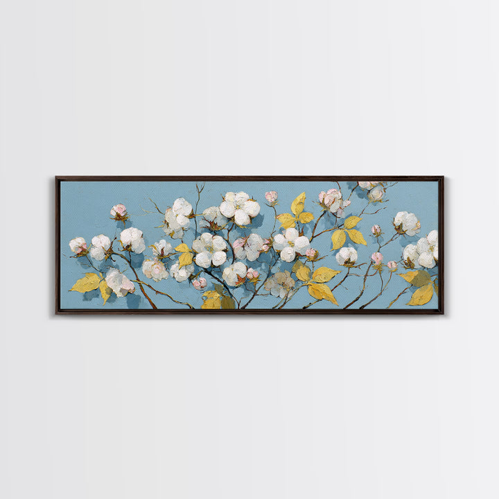 Fresh Cotton Branch Botanical Study Canvas Print, Laundry Room Art, New Home Gift, Living Room Decor, Oil Painting, Clean, LRA-3x1-71