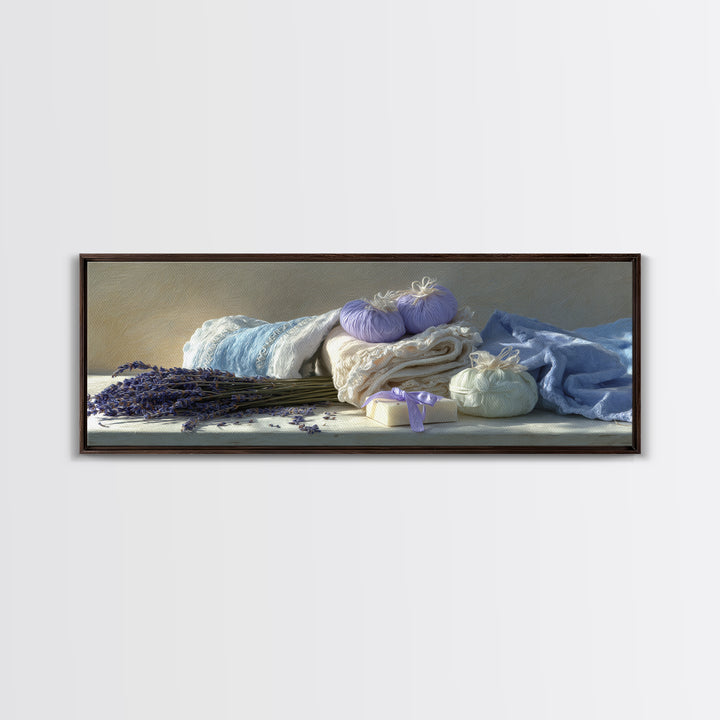 Lavender Sachet and Ribbon Still Life Framed Canvas Print, Laundry Room Art, Farmhouse Wall Art, Living Room Decor, Clean, LRA-3x1-81