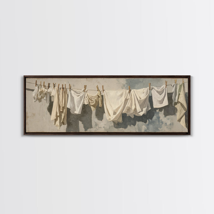Clothesline with White Linens Blowing in Sunshine Canvas Print, Laundry Room Art, Digital Art Print, Living Room Decor, Clean, LRA-3x1-89