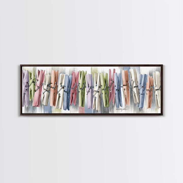 Cheerful Clothespins Arranged as Pattern Canvas Print, Laundry Room Art, Oil Painting, Living Room Decor, Clean, LRA-3x1-92