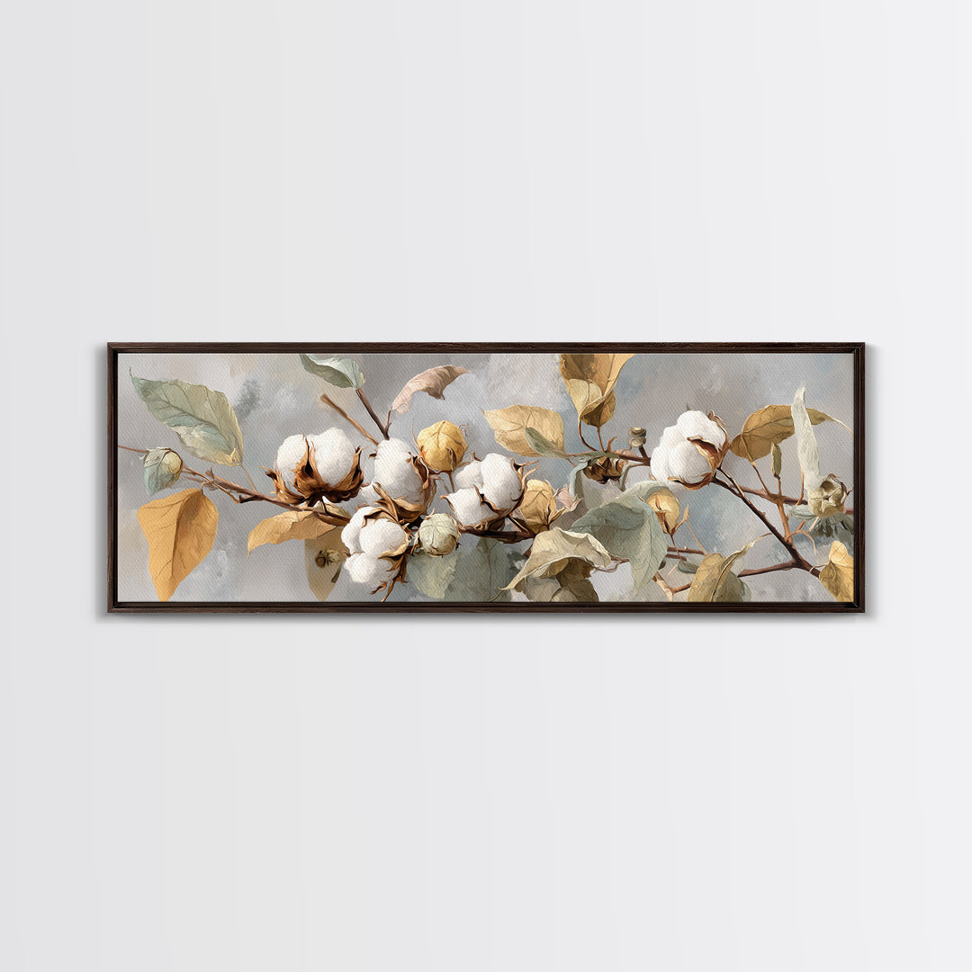 Fresh Cotton Branch Botanical Study Canvas Print, Laundry Room Art, Textured Painting, Living Room Decor, Fine Art, Clean, LRA-3x1-95