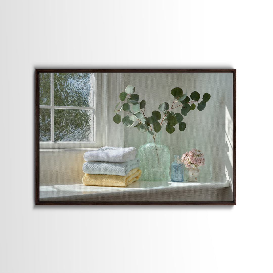 Sunlit White Towels and Eucalyptus Branch Framed Canvas Print, Laundry Room Art, New Home Gift, Living Room Decor, LRA-3x2-15