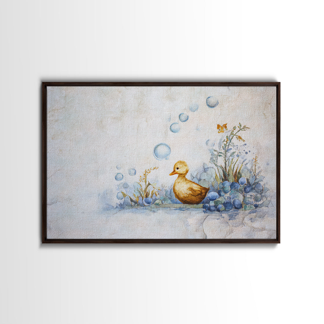 Duck and Bubbles Whimsical Watercolor Framed Canvas Print, Laundry Room Art, Downloadable Art, Living Room Decor, Clean, LRA-3x2-19