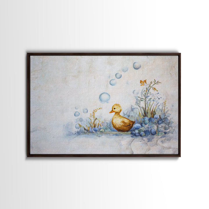 Duck and Bubbles Whimsical Watercolor Framed Canvas Print, Laundry Room Art, Downloadable Art, Living Room Decor, Clean, LRA-3x2-19