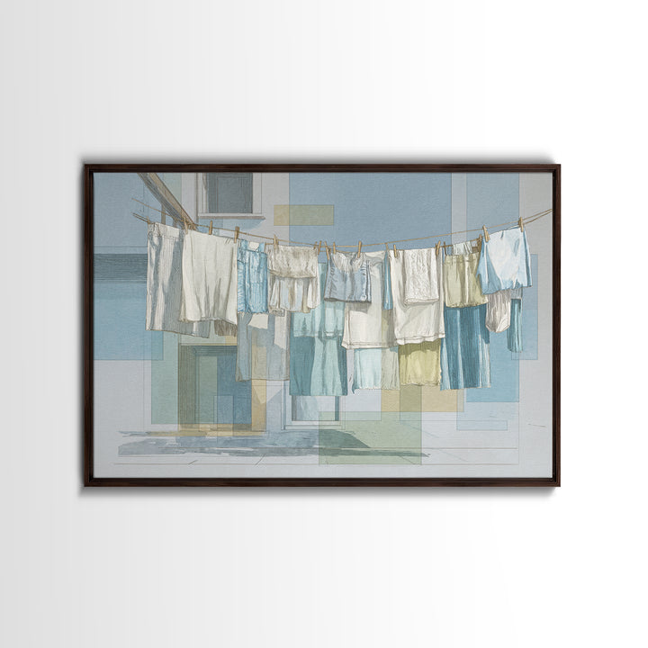Simple Line Drawing of Hanging Laundry Framed Canvas Print, Laundry Room Art, Wall Art Print, Living Room Decor, Abstract Art, LRA-3x2-20