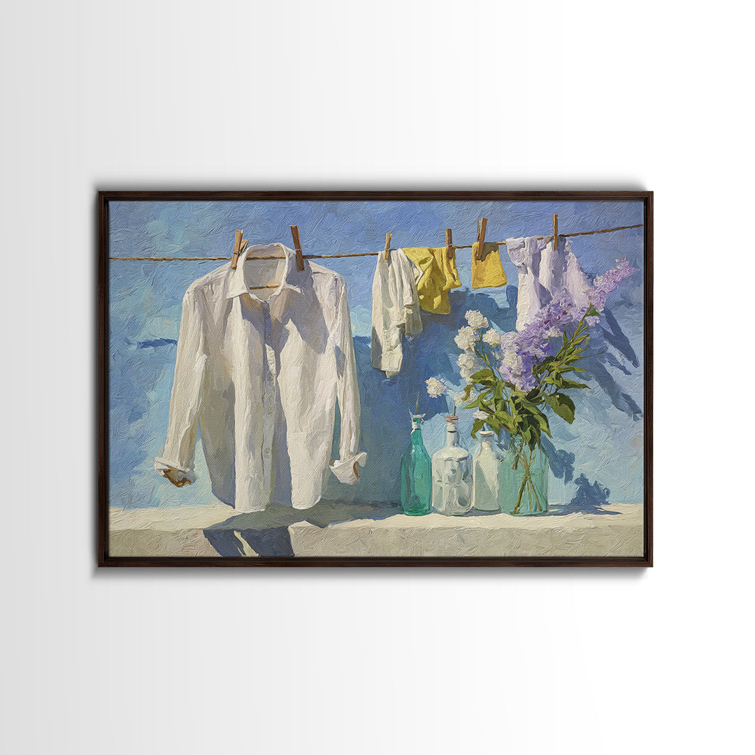 White Shirt on Hanger Framed Canvas Print, Laundry Room Art, Laundry Room Decor, Living Room Decor, Clean, Gallery Decor, LRA-3x2-25