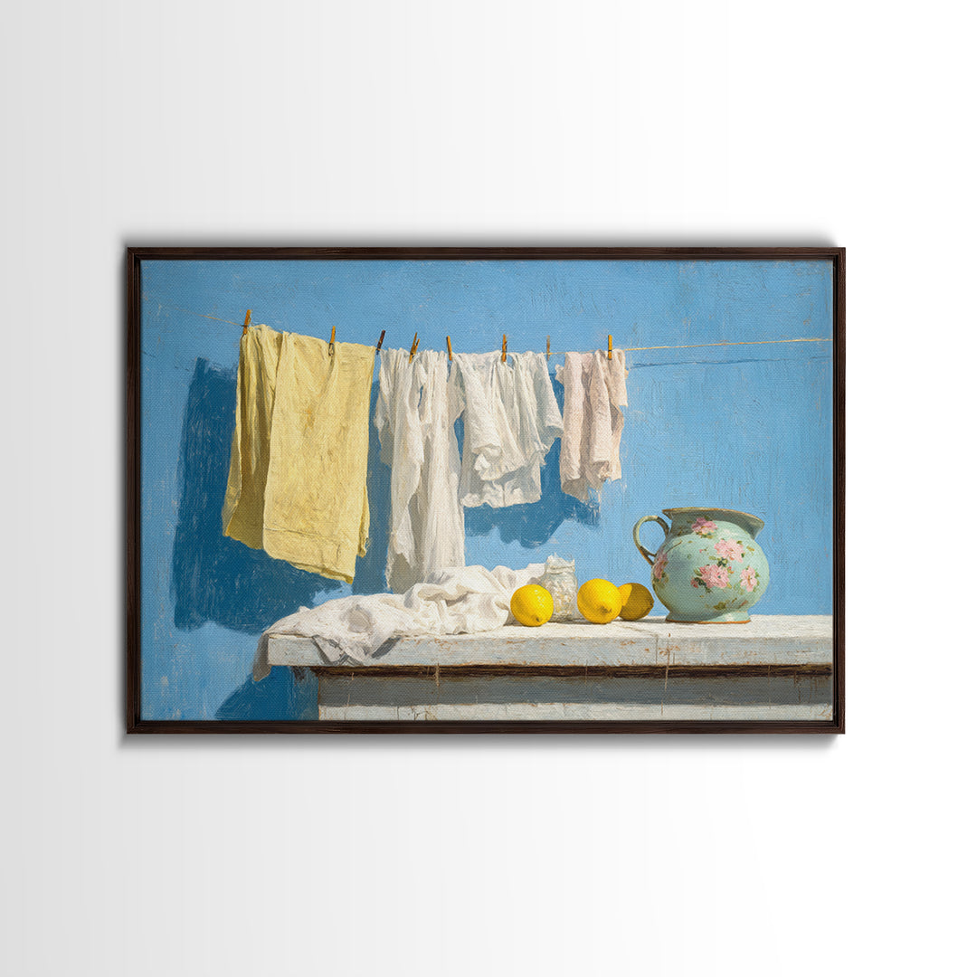 Lemon and Clean Linen Still Life Framed Canvas Print, Laundry Room Art, Living Room Decor, Abstract Art, Clean, LRA-3x2-31