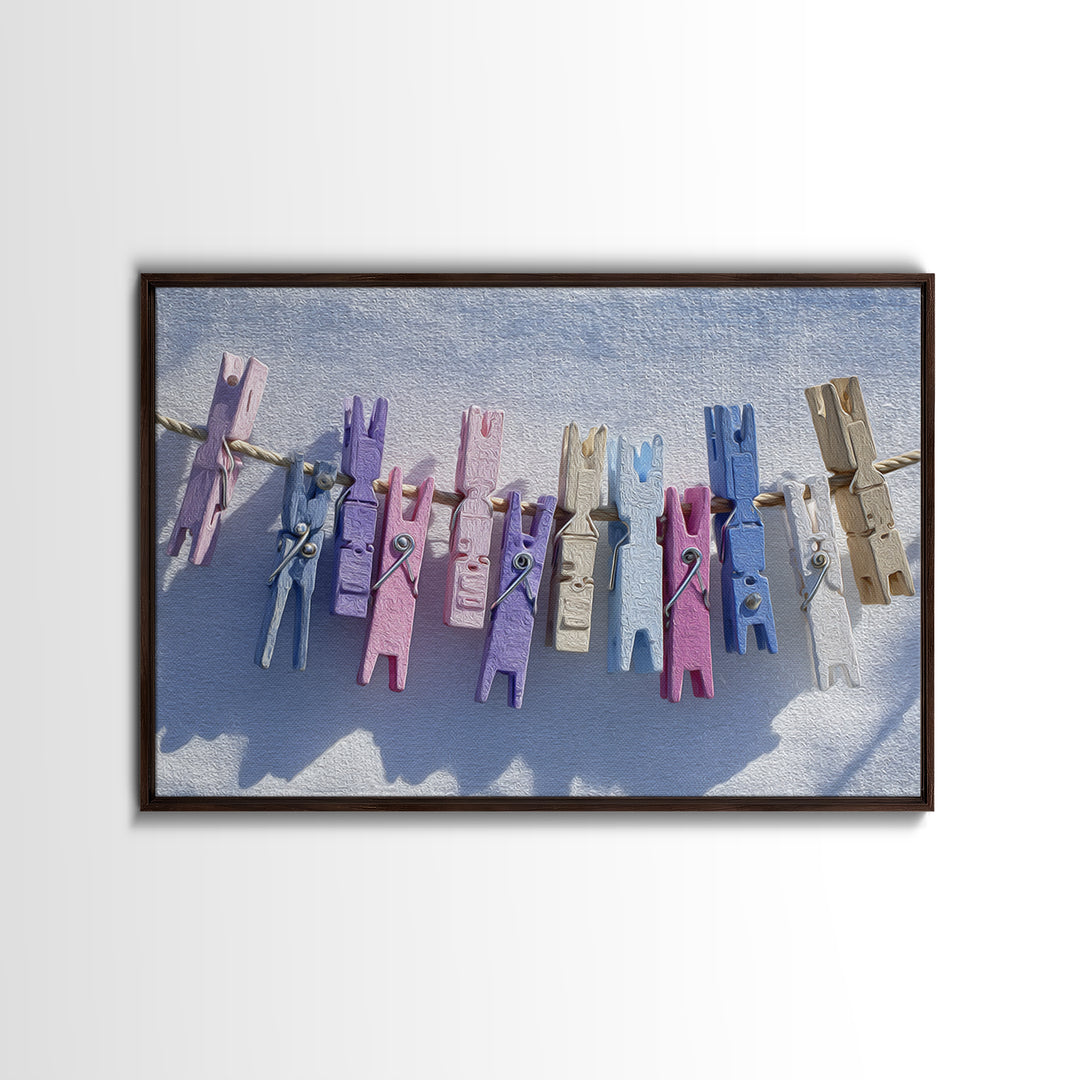Cheerful Clothespins Arranged as Pattern Canvas Print, Laundry Room Art, Farmhouse Wall Decor, Living Room Decor, Clean, LRA-3x2-32