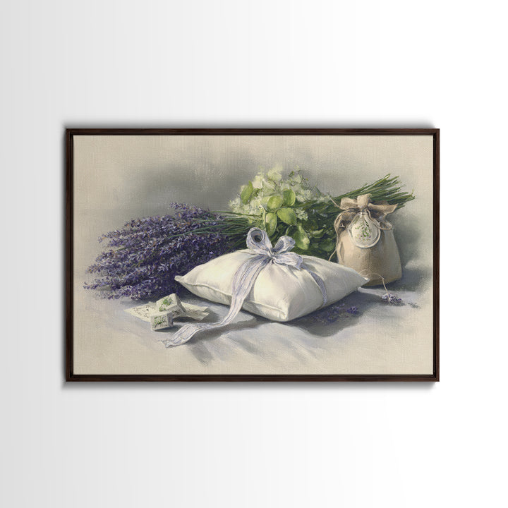 Lavender Sachet and Ribbon Still Life Framed Canvas Print, Laundry Room Art, Downloadable Art, Living Room Decor, Clean, LRA-3x2-45