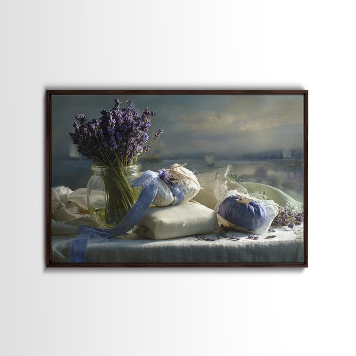 Lavender Sachet and Ribbon Still Life Framed Canvas Print, Laundry Room Art, Downloadable Art, Living Room Decor, Clean, LRA-3x2-69