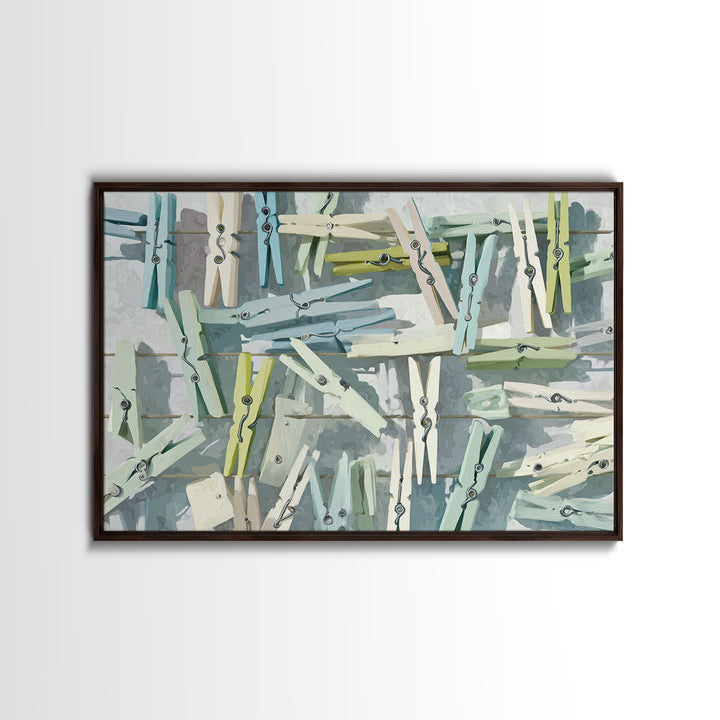 Cheerful Clothespins Arranged as Pattern Framed Canvas Print, Laundry Room Art, Farmhouse Decor, Living Room Decor, LRA-3x2-8