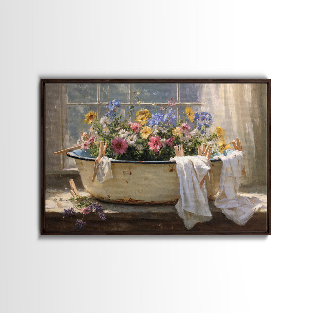 Old Enamel Basin Filled Canvas Print, Laundry Room Art, Boho Decor, Living Room Decor, Fine Art, Clean, Printable Wall Art, LRA-3x2-84