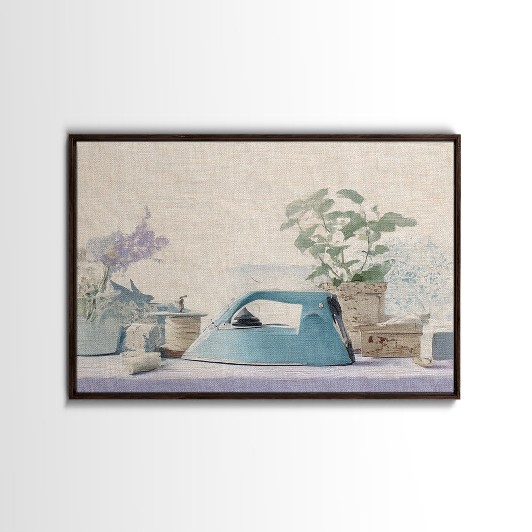 Retro Iron Illustration Framed Canvas Print, Laundry Room Art, Rustic Home Decor, Living Room Decor, Fine Art, Clean, LRA-3x2-85