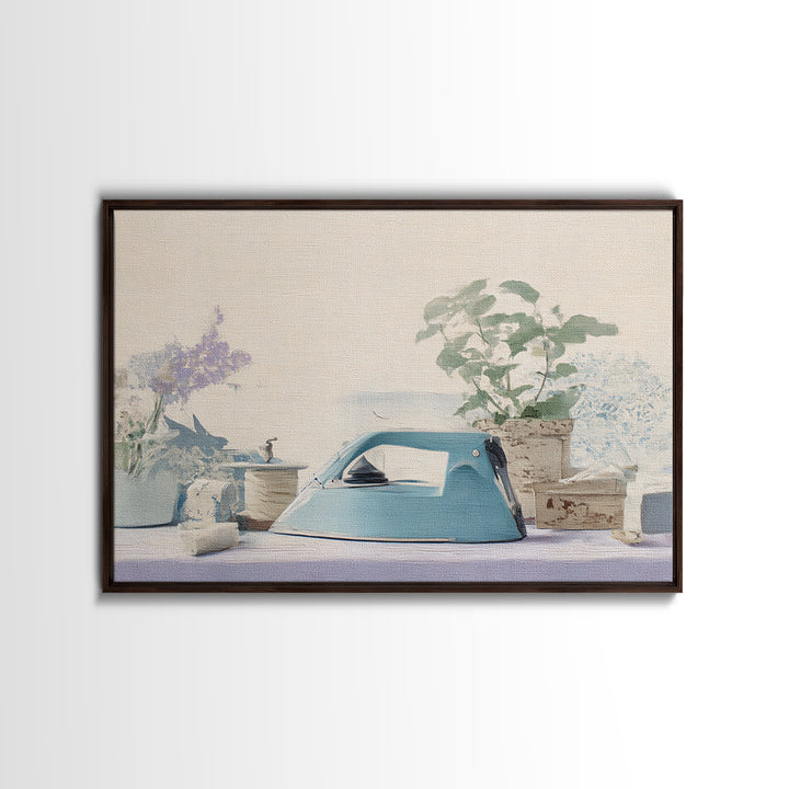Retro Iron Illustration Framed Canvas Print, Laundry Room Art, Rustic Home Decor, Living Room Decor, Fine Art, Clean, LRA-3x2-85