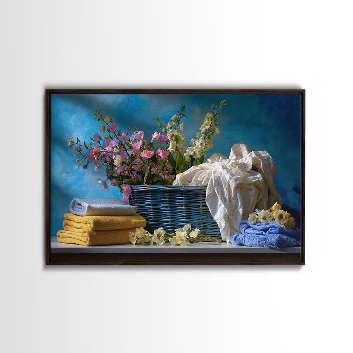 Blue Laundry Basket Framed Canvas Print, Laundry Room Art, Wall Art Print, Living Room Decor, Oil Painting, Clean, LRA-3x2-9
