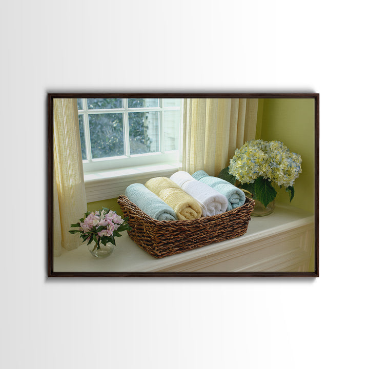 Basket of Folded Towels Framed Canvas Print, Laundry Room Art, Minimalist Wall Art, Living Room Decor, Fine Art, Clean, LRA-3x2-90