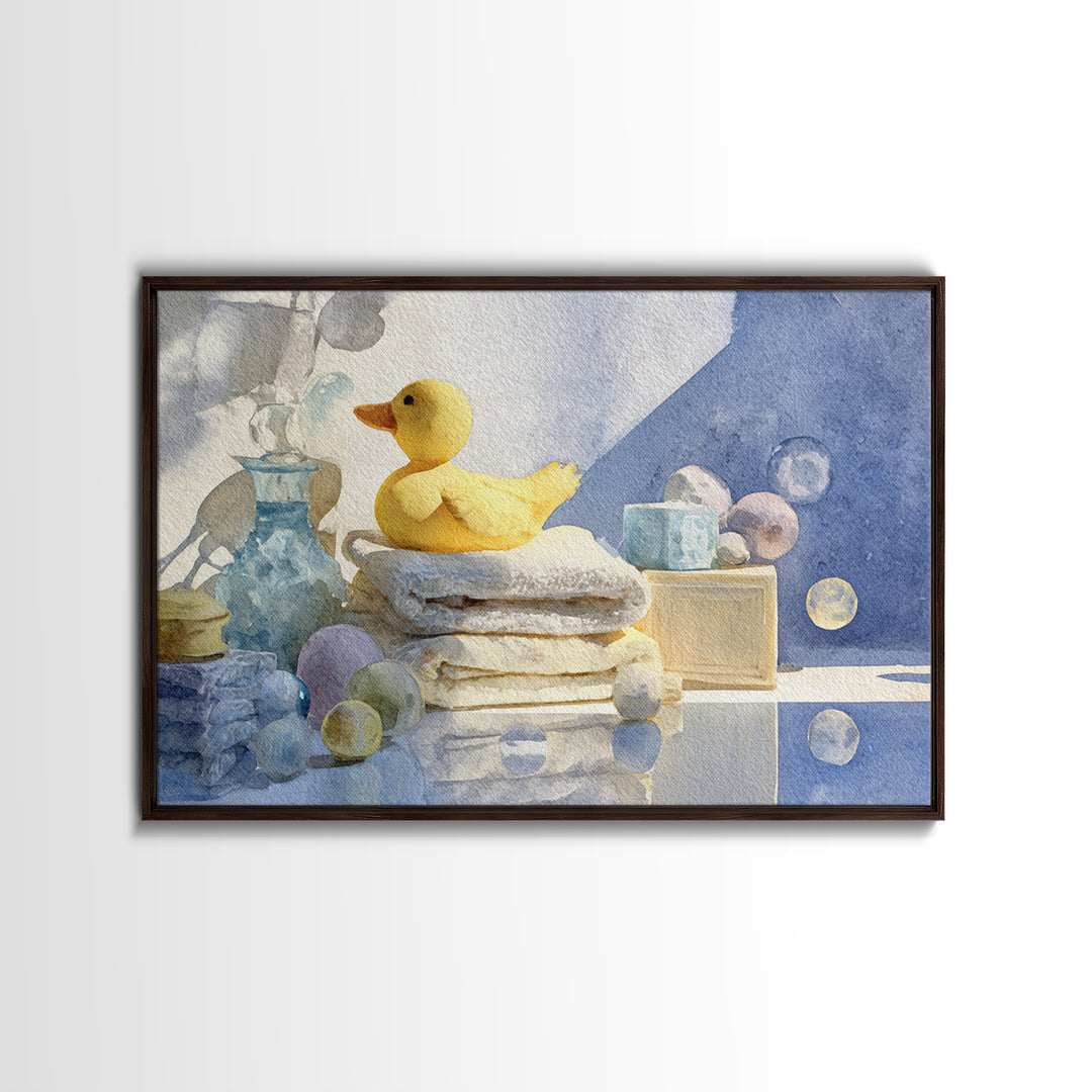 Duck and Bubbles Whimsical Watercolor Framed Canvas Print, Laundry Room Art, Painting, Living Room Decor, Oil Painting, Clean, LRA-3x2-91
