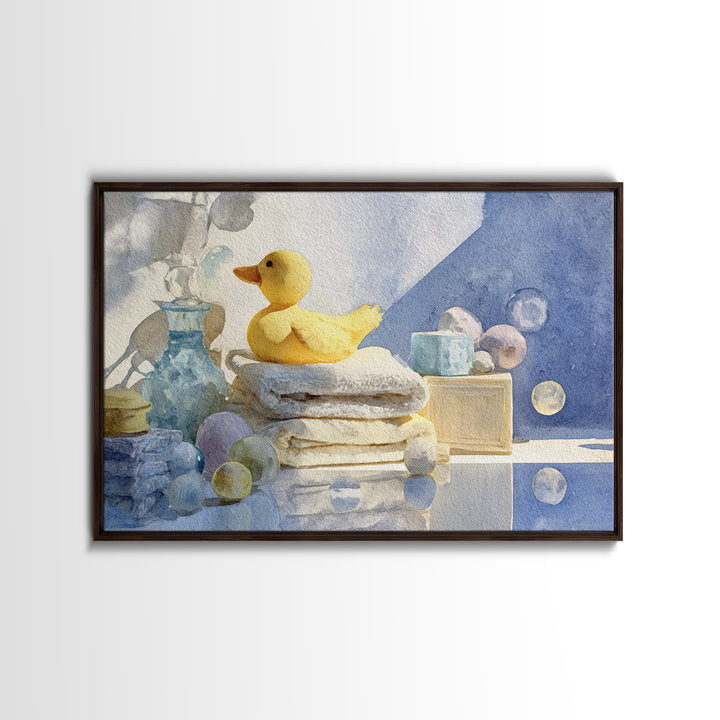 Duck and Bubbles Whimsical Watercolor Framed Canvas Print, Laundry Room Art, Painting, Living Room Decor, Oil Painting, Clean, LRA-3x2-91