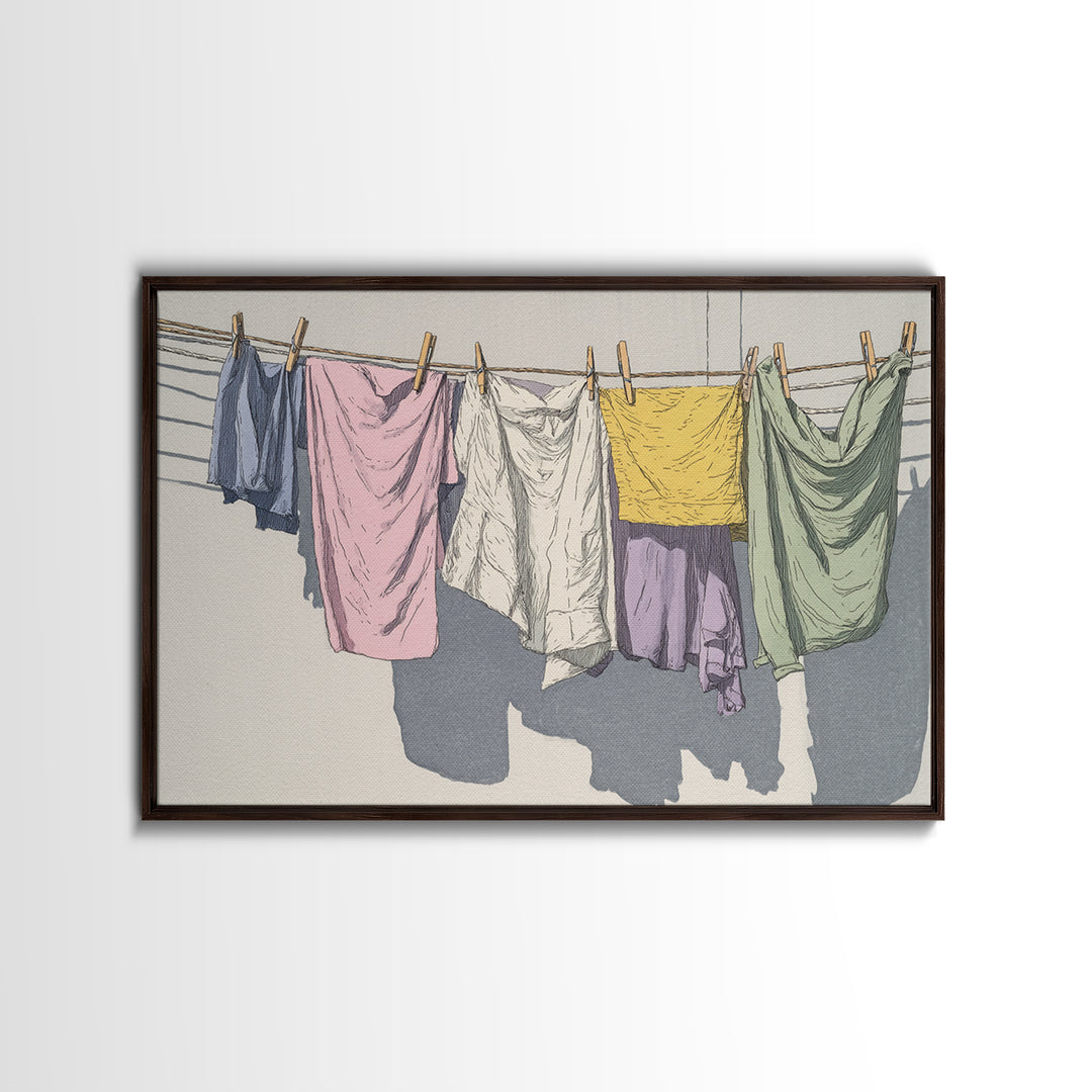 Simple Line Drawing of Hanging Laundry Framed Canvas Print, Laundry Room Art, Luxury Decor, Living Room Decor, Abstract Art, LRA-3x2-92