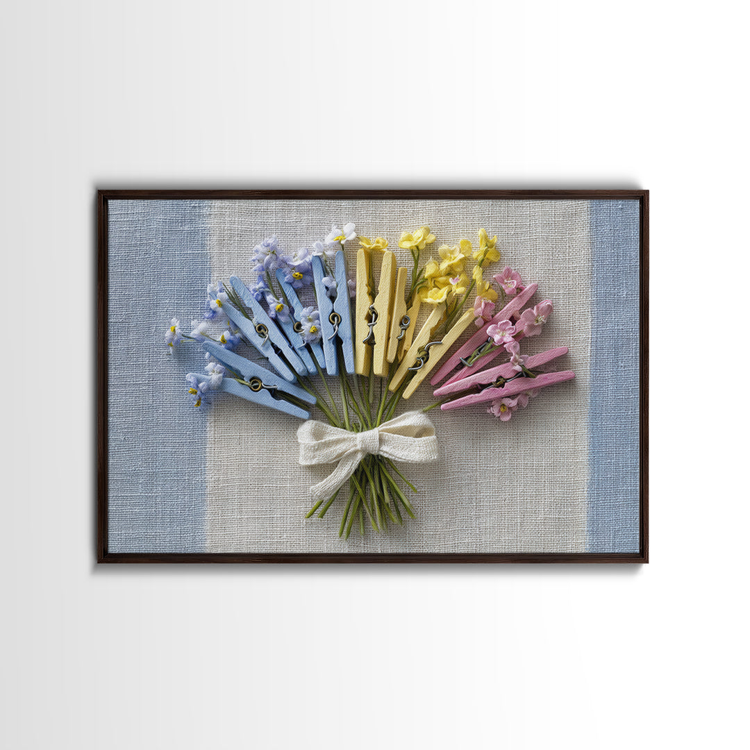 Clothespin Bouquet in Folk Art Style Framed Canvas Print, Laundry Room Art, Art Print, Living Room Decor, Fine Art, Clean, LRA-3x2-96