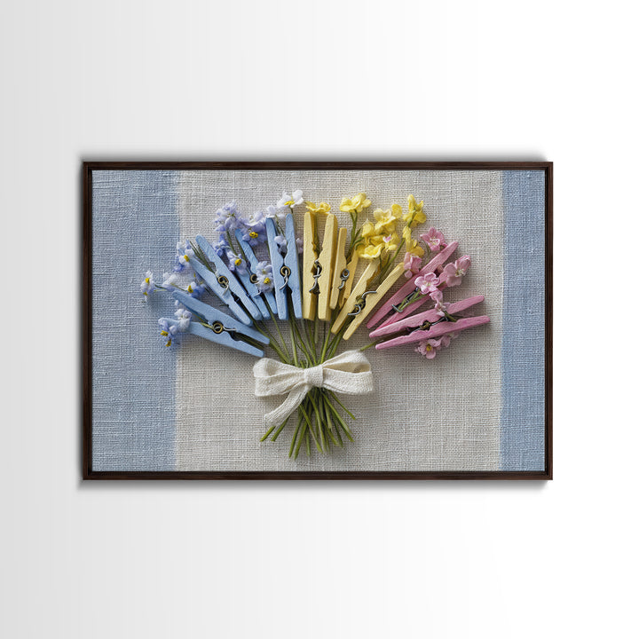 Clothespin Bouquet in Folk Art Style Framed Canvas Print, Laundry Room Art, Art Print, Living Room Decor, Fine Art, Clean, LRA-3x2-96