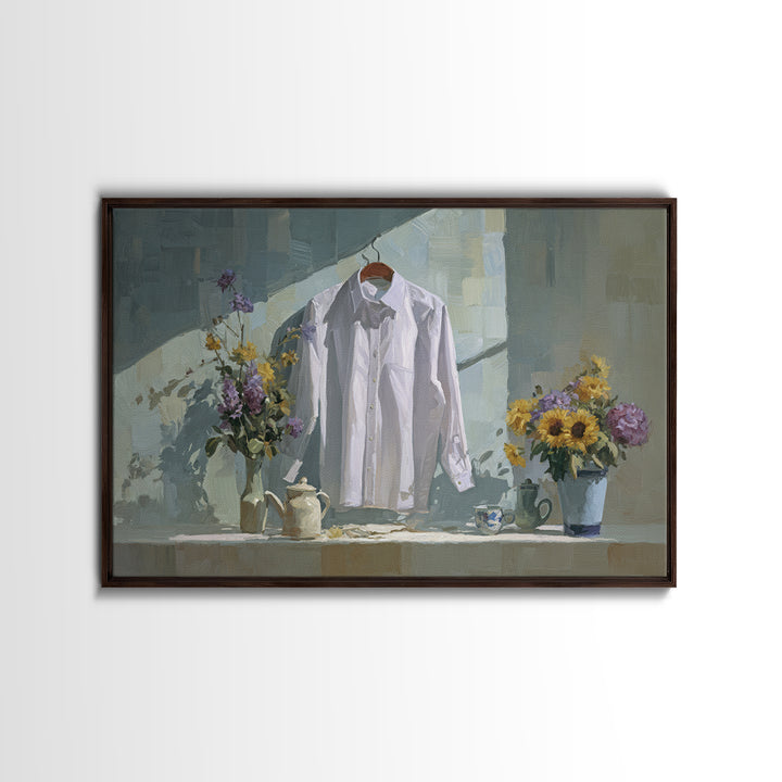 White Shirt on Hanger Framed Canvas Print, Laundry Room Art, Funny Poster, Living Room Decor, Watercolor Art, Clean, LRA-3x2-97