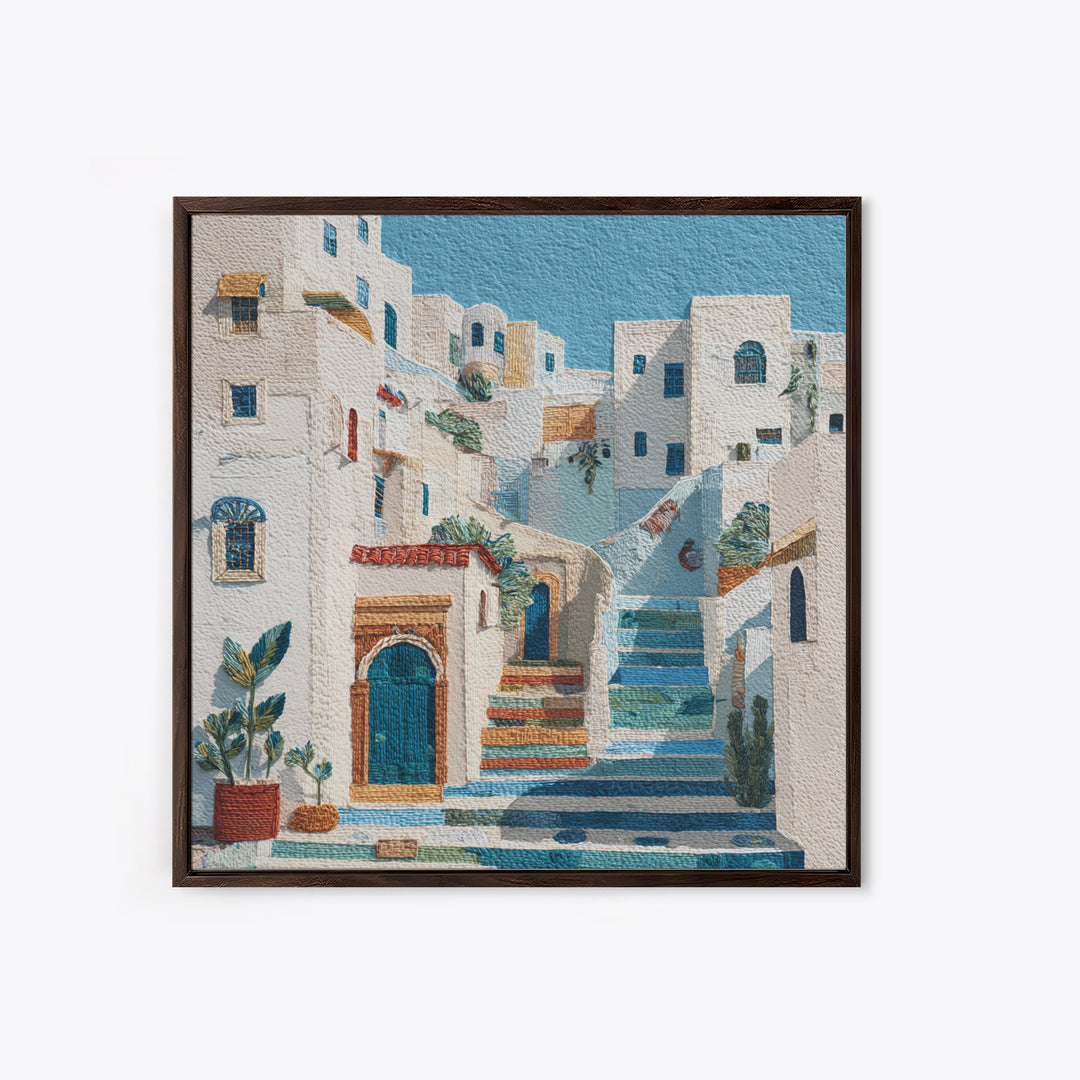 Greek Island White Buildings Above Blue Sea Framed Canvas Print, Mediterranean Art, Beach Wall Art, Living Room Decor, Azure, MAR-1x1-1