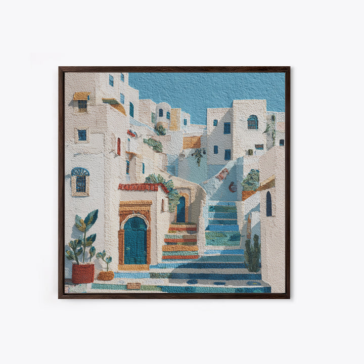 Greek Island White Buildings Above Blue Sea Framed Canvas Print, Mediterranean Art, Beach Wall Art, Living Room Decor, Azure, MAR-1x1-1