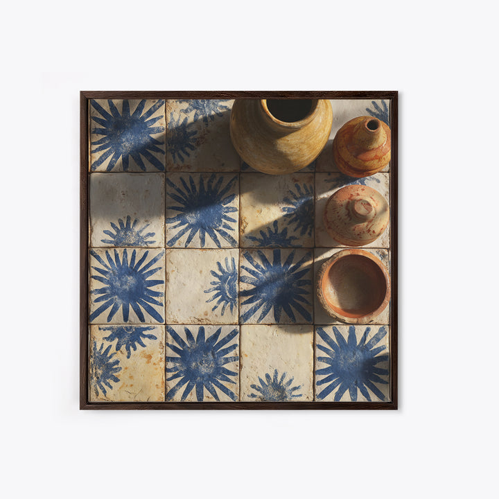 Blue and White Tile Pattern Framed Canvas Print, Mediterranean Art, Travel Poster, Living Room Decor, Watercolor Art, Azure, MAR-1x1-100