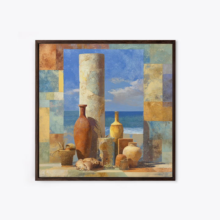 Ancient Column with Sea and Sky Beyond Framed Canvas Print, Mediterranean Art, Oil Painting, Living Room Decor, Fine Art, Azure, MAR-1x1-12